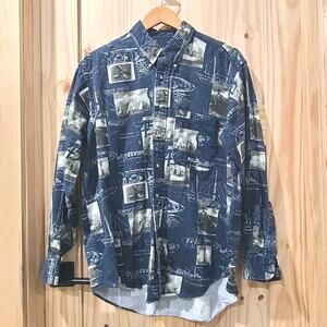 Vtg Stars & Stripes Nautical Navy Long Sleeve Button Up Classic Casual Mens L